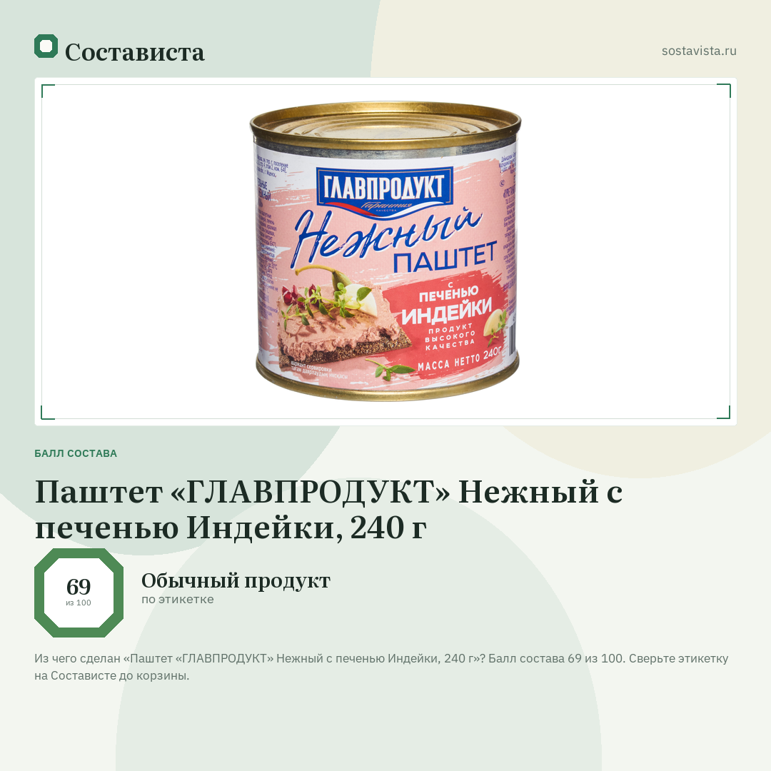 Паштет «ГЛАВПРОДУКТ» Нежный с печенью Индейки, 240 г: балл состава 69 из 100 — Состависта