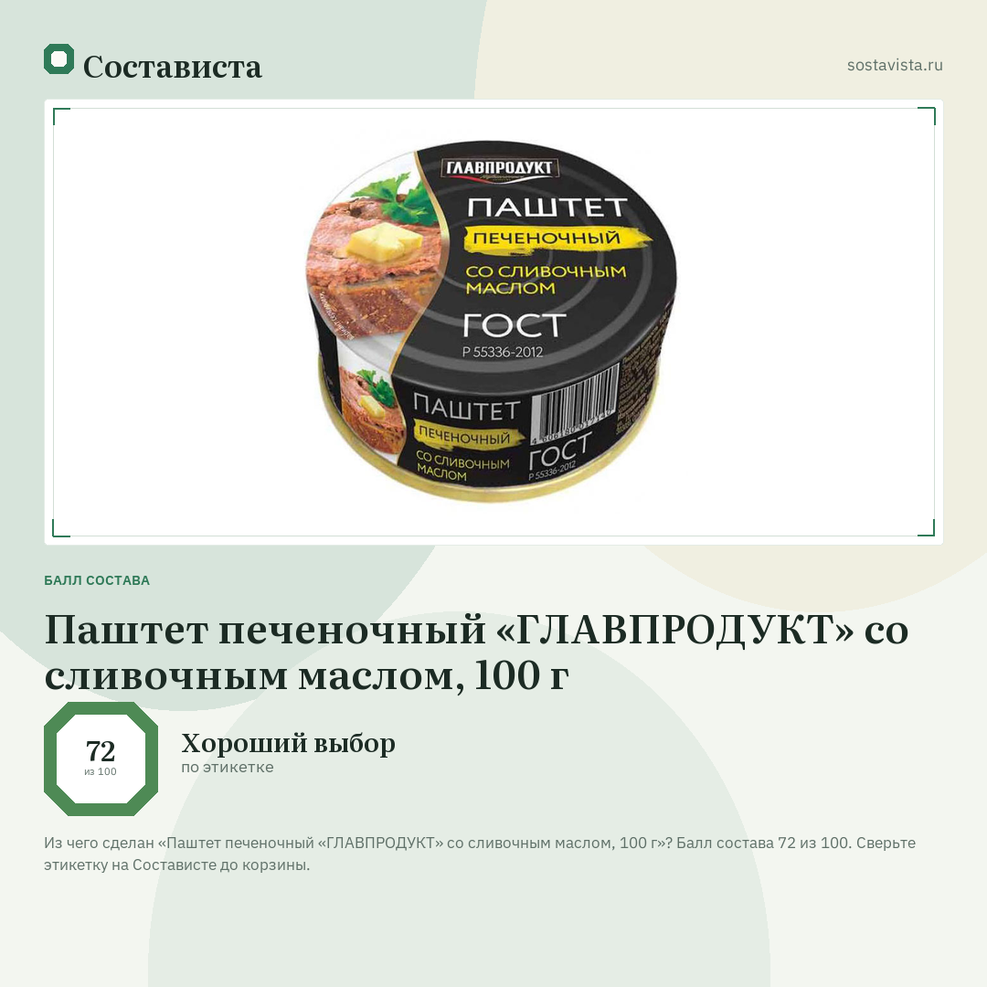 Паштет печеночный «ГЛАВПРОДУКТ» со сливочным маслом, 100 г: балл состава 72 из 100 — Состависта
