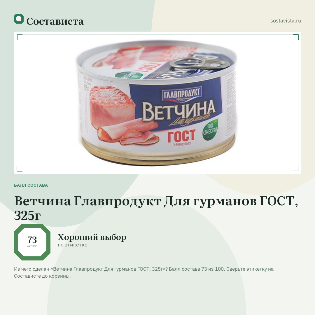 Ветчина Главпродукт Для гурманов ГОСТ, 325г: балл состава 73 из 100 — Состависта
