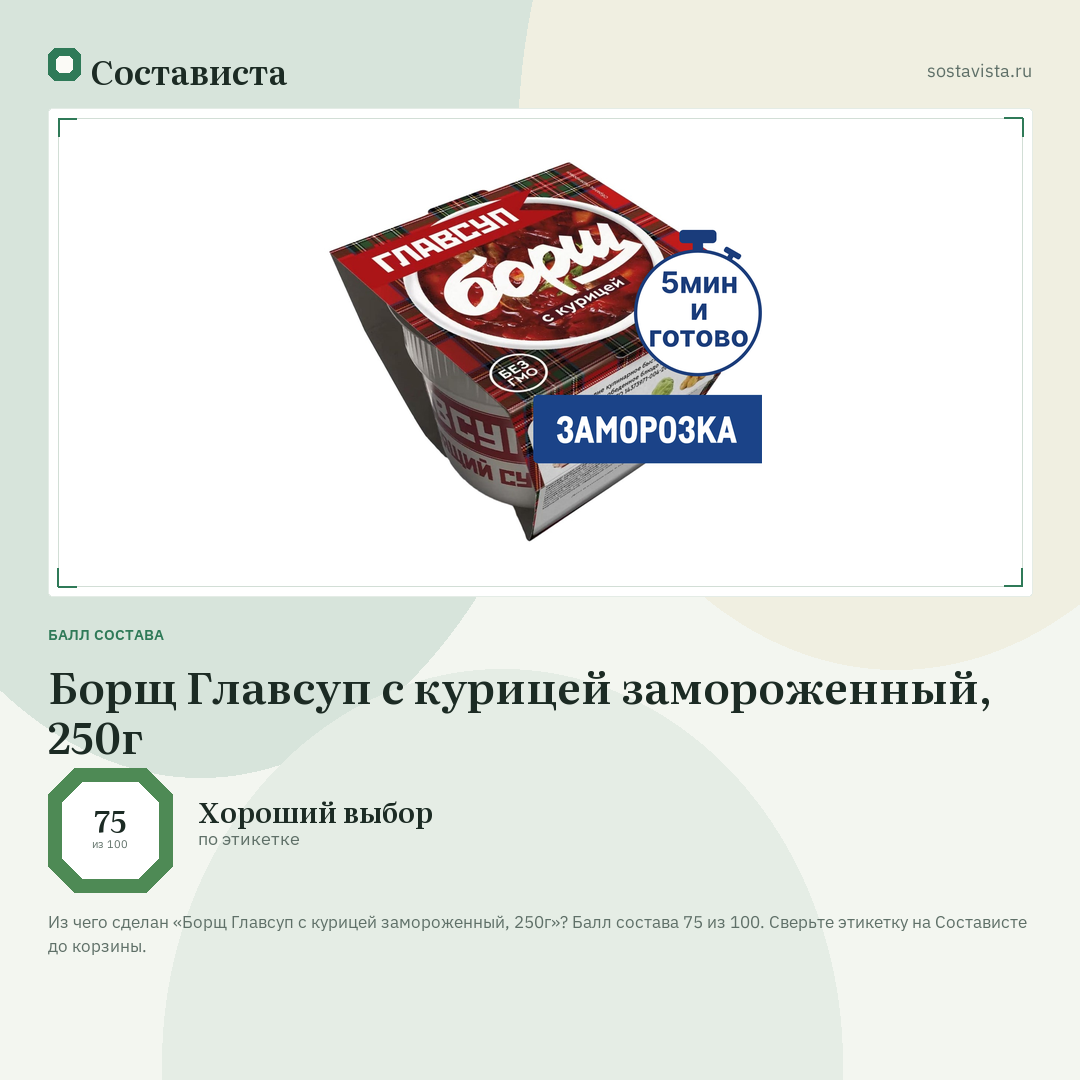 Борщ Главсуп с курицей замороженный, 250г: балл состава 75 из 100 — Состависта