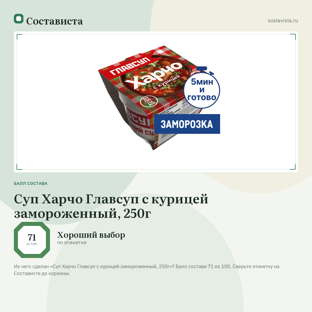 Суп Харчо Главсуп с курицей замороженный, 250г: балл состава 71 из 100 — Состависта