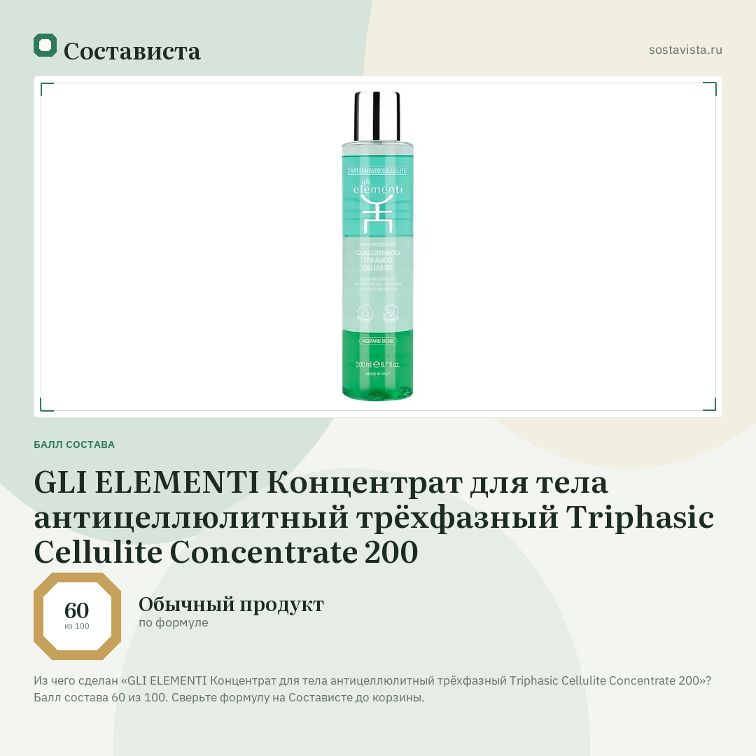 GLI ELEMENTI Концентрат для тела антицеллюлитный трёхфазный Triphasic Cellulite Concentrate 200: балл состава 60 из 100 — Состависта