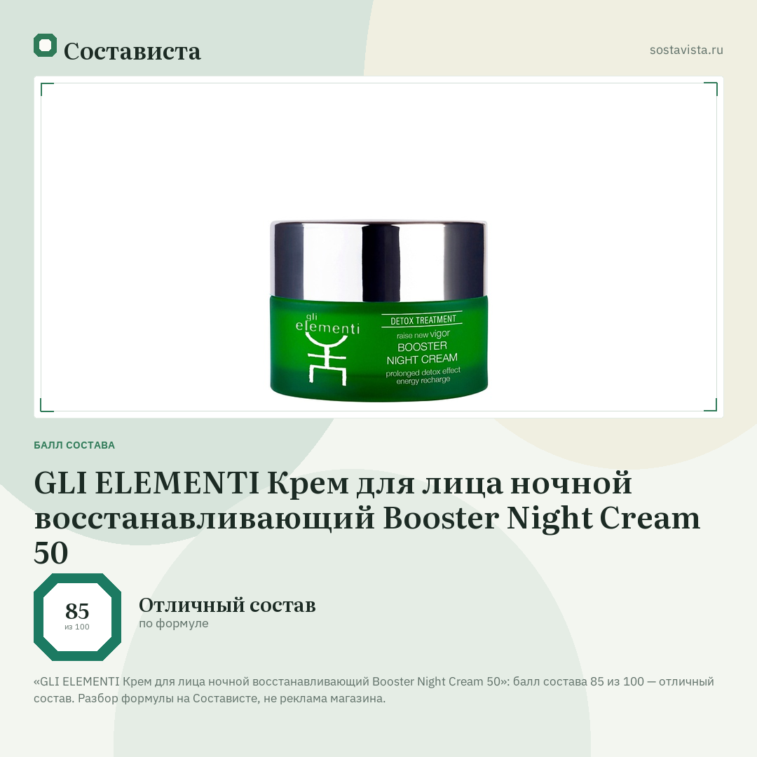 GLI ELEMENTI Крем для лица ночной восстанавливающий Booster Night Cream 50: балл состава 85 из 100 — Состависта