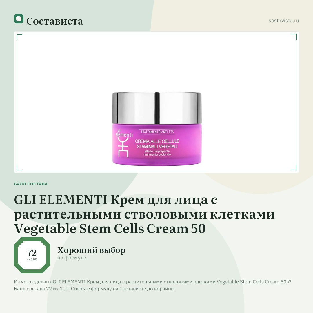 GLI ELEMENTI Крем для лица с растительными стволовыми клетками Vegetable Stem Cells Cream 50: балл состава 72 из 100 — Состависта