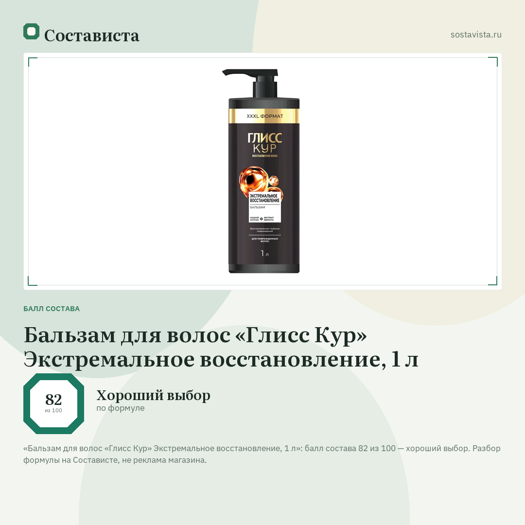 Бальзам для волос «Глисс Кур» Экстремальное восстановление, 1 л: балл состава 82 из 100 — Состависта