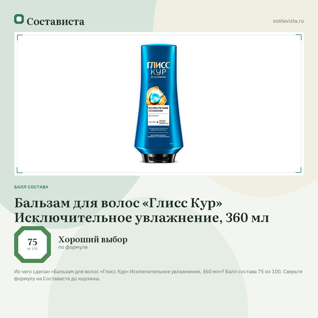 Бальзам для волос «Глисс Кур» Исключительное увлажнение, 360 мл: балл состава 75 из 100 — Состависта