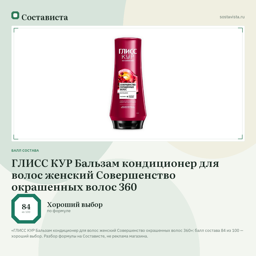 ГЛИСС КУР Бальзам кондиционер для волос женский Совершенство окрашенных волос 360: балл состава 84 из 100 — Состависта