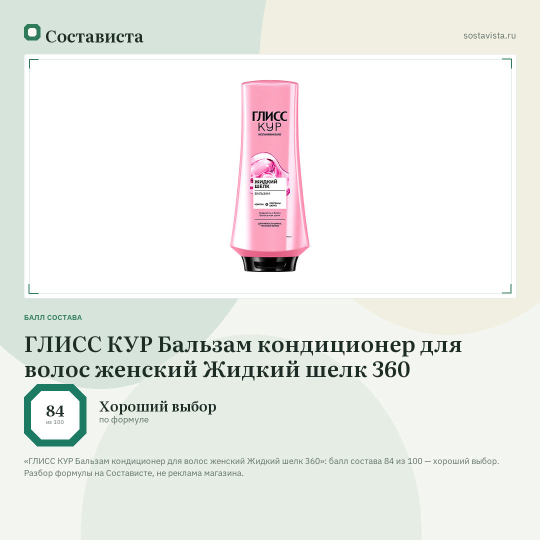 ГЛИСС КУР Бальзам кондиционер для волос женский Жидкий шелк 360: балл состава 84 из 100 — Состависта