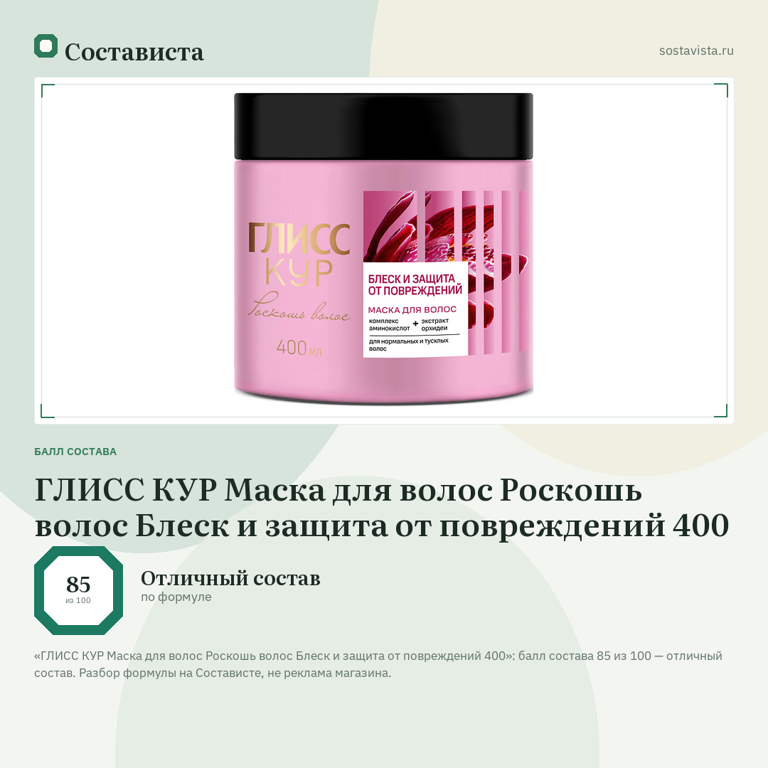 ГЛИСС КУР Маска для волос Роскошь волос Блеск и защита от повреждений 400: балл состава 85 из 100 — Состависта