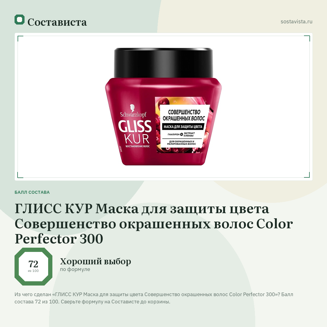 ГЛИСС КУР Маска для защиты цвета Совершенство окрашенных волос Color Perfector 300: балл состава 72 из 100 — Состависта