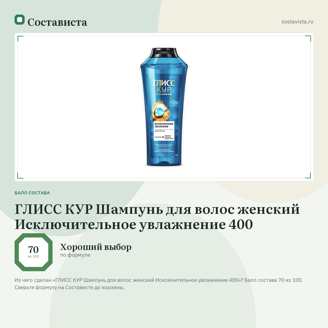 ГЛИСС КУР Шампунь для волос женский Исключительное увлажнение 400: балл состава 70 из 100 — Состависта