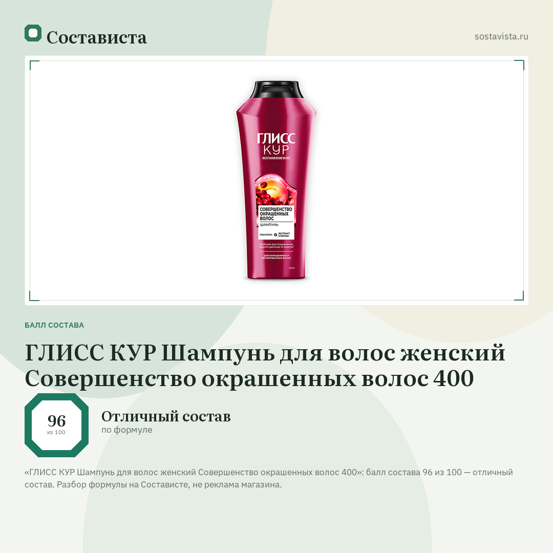 ГЛИСС КУР Шампунь для волос женский Совершенство окрашенных волос 400: балл состава 96 из 100 — Состависта