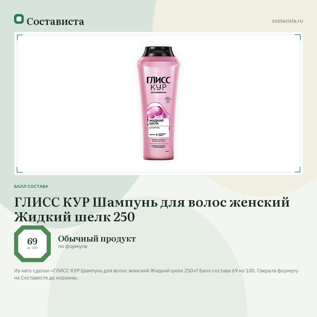 ГЛИСС КУР Шампунь для волос женский Жидкий шелк 250: балл состава 69 из 100 — Состависта