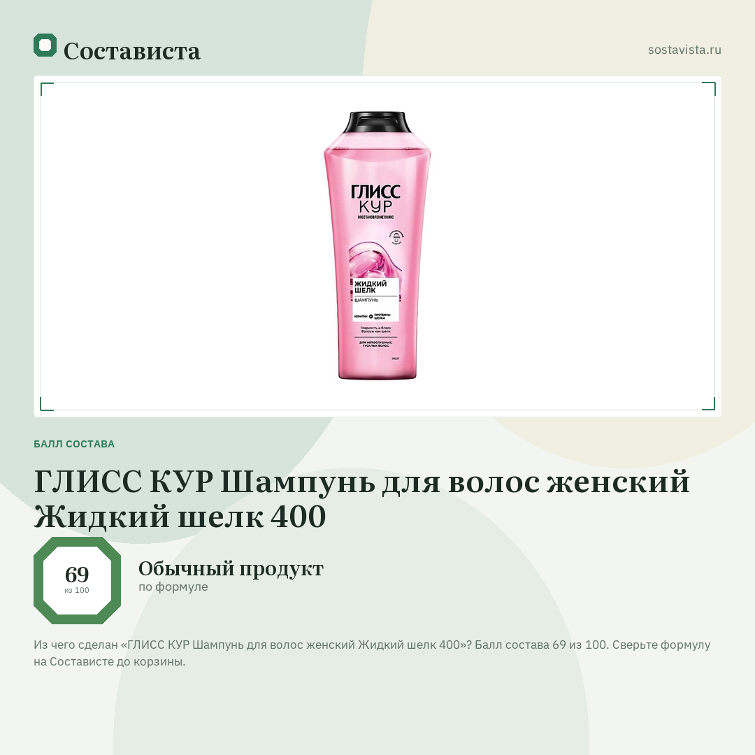 ГЛИСС КУР Шампунь для волос женский Жидкий шелк 400: балл состава 69 из 100 — Состависта