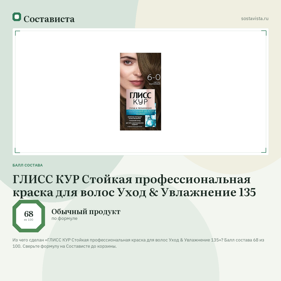 ГЛИСС КУР Стойкая профессиональная краска для волос Уход & Увлажнение 135: балл состава 68 из 100 — Состависта