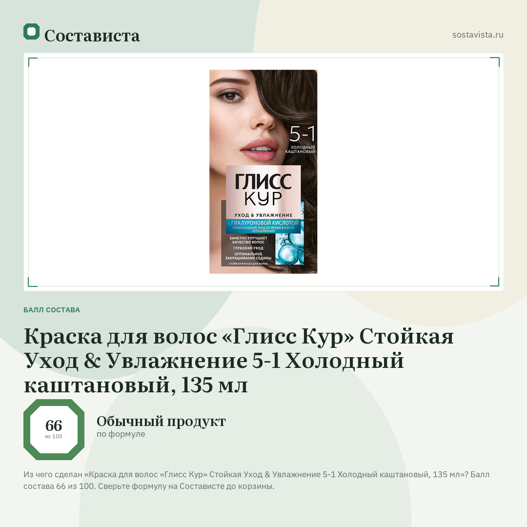 Краска для волос «Глисс Кур» Стойкая Уход & Увлажнение 5-1 Холодный каштановый, 135 мл: балл состава 66 из 100 — Состависта