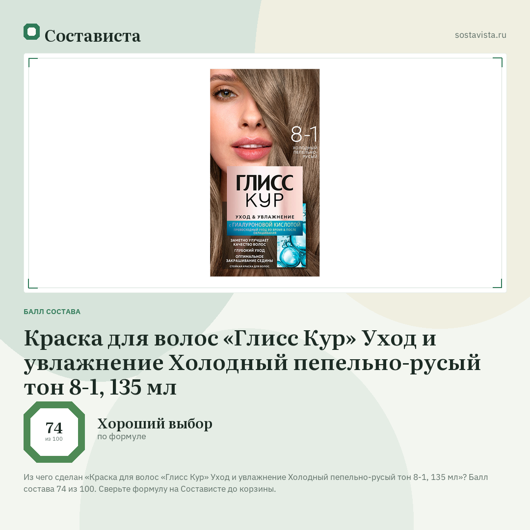 Краска для волос «Глисс Кур» Уход и увлажнение Холодный пепельно-русый тон 8-1, 135 мл: балл состава 74 из 100 — Состависта
