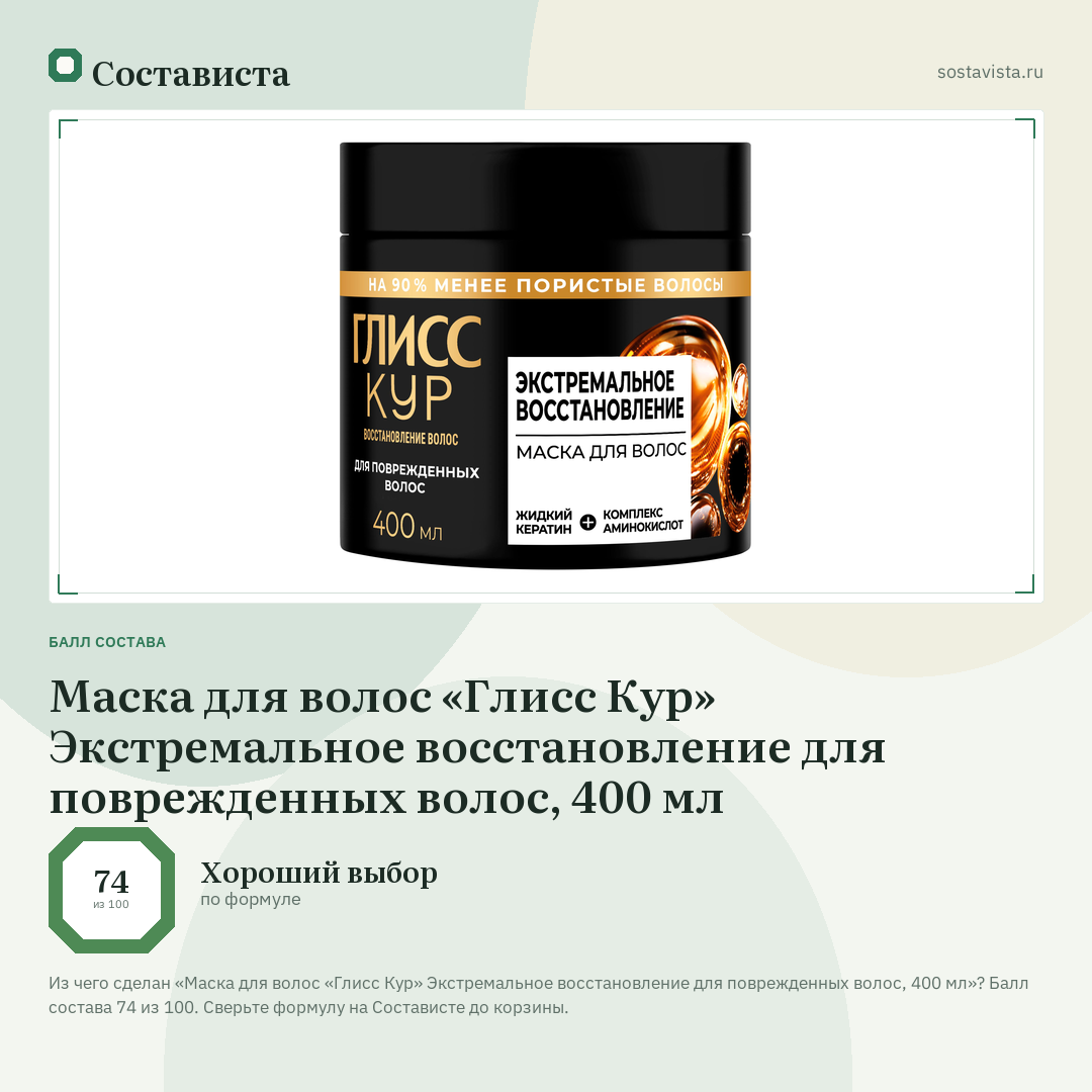 Маска для волос «Глисс Кур» Экстремальное восстановление для поврежденных волос, 400 мл: балл состава 74 из 100 — Состависта