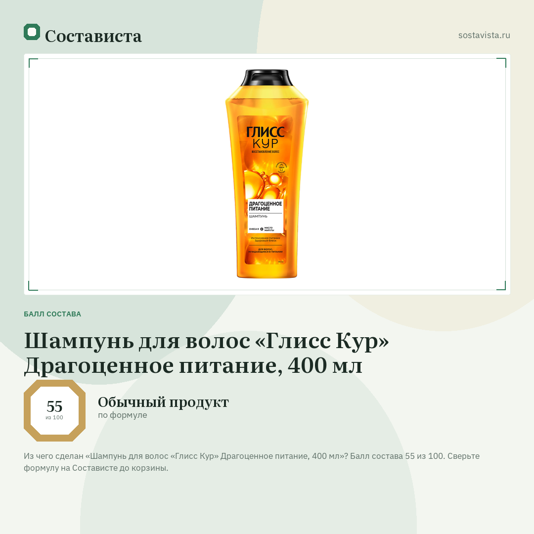 Шампунь для волос «Глисс Кур» Драгоценное питание, 400 мл: балл состава 55 из 100 — Состависта