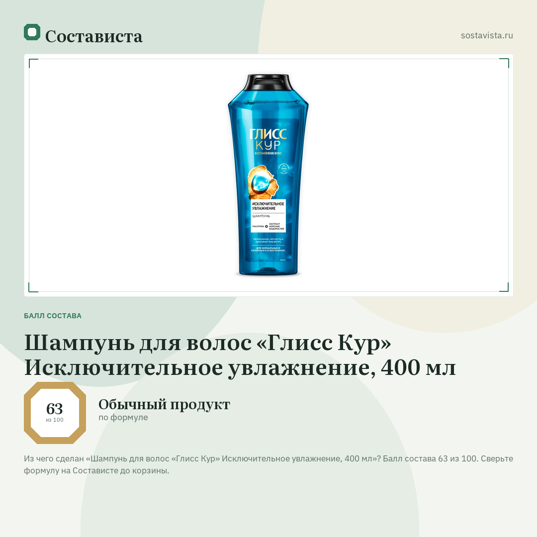 Шампунь для волос «Глисс Кур» Исключительное увлажнение, 400 мл: балл состава 63 из 100 — Состависта