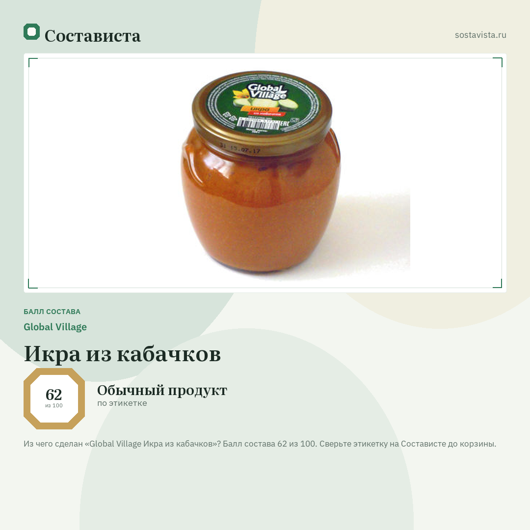 Global Village Икра из кабачков: балл состава 62 из 100 — Состависта