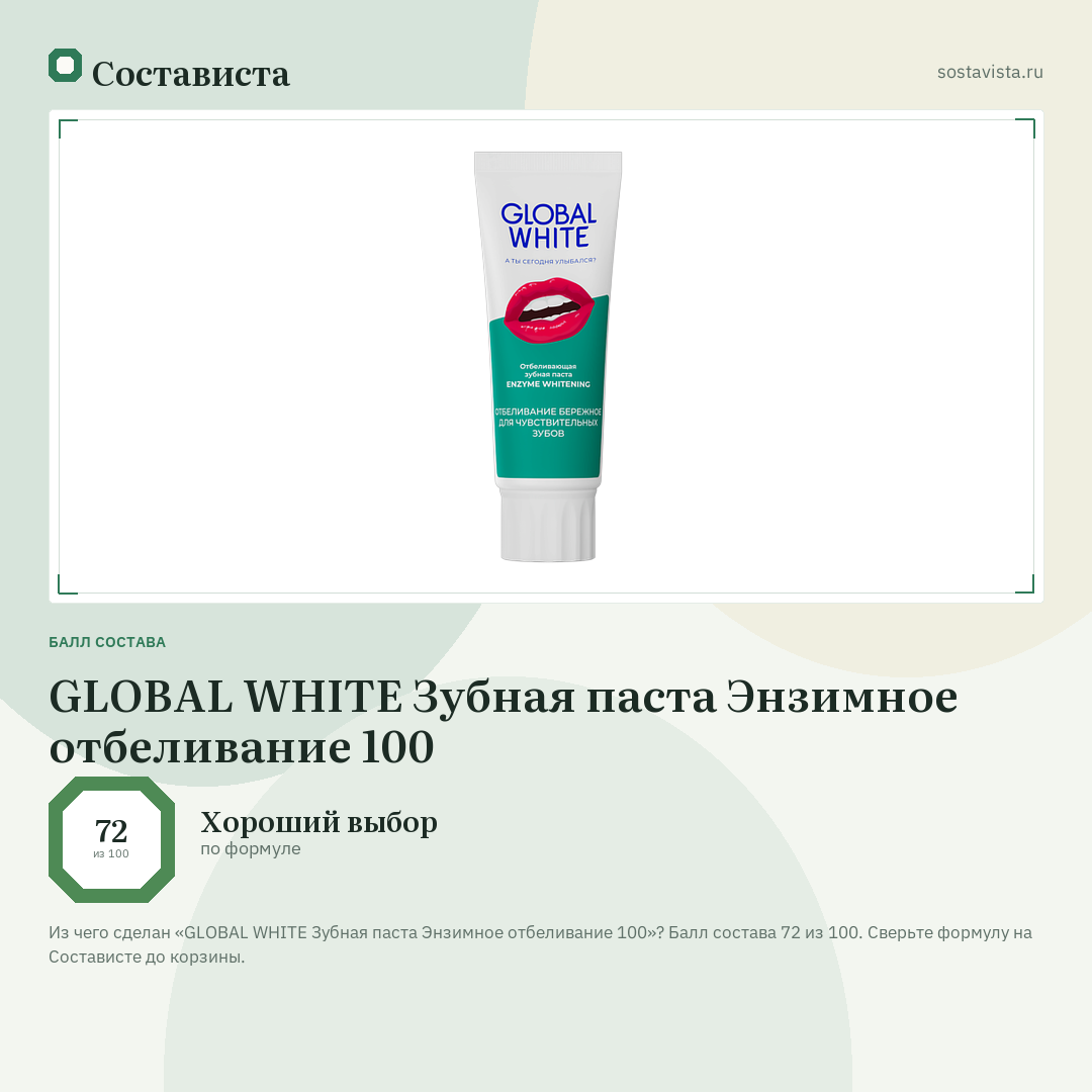 GLOBAL WHITE Зубная паста Энзимное отбеливание 100: балл состава 72 из 100 — Состависта