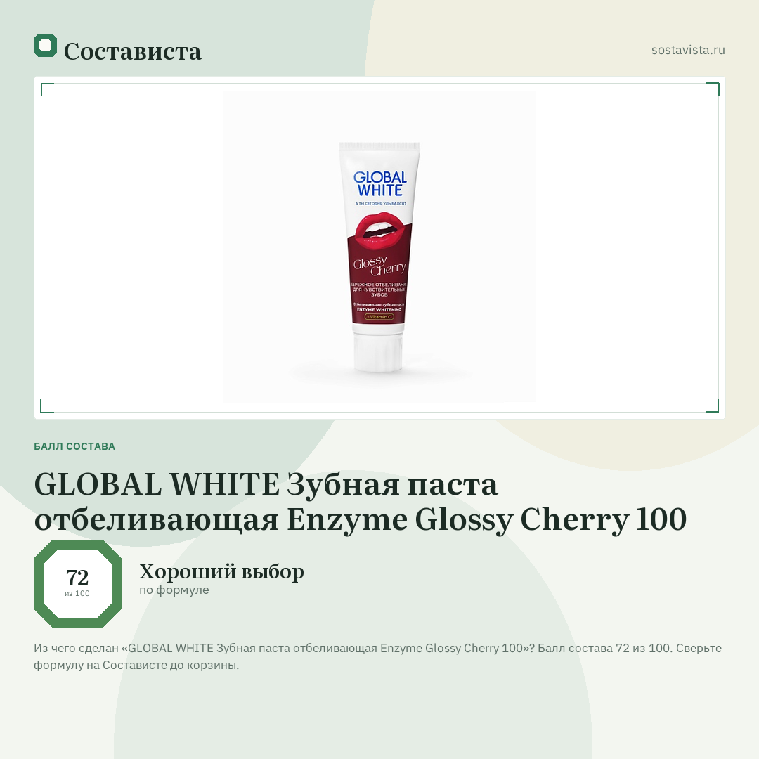GLOBAL WHITE Зубная паста отбеливающая Enzyme Glossy Cherry 100: балл состава 72 из 100 — Состависта