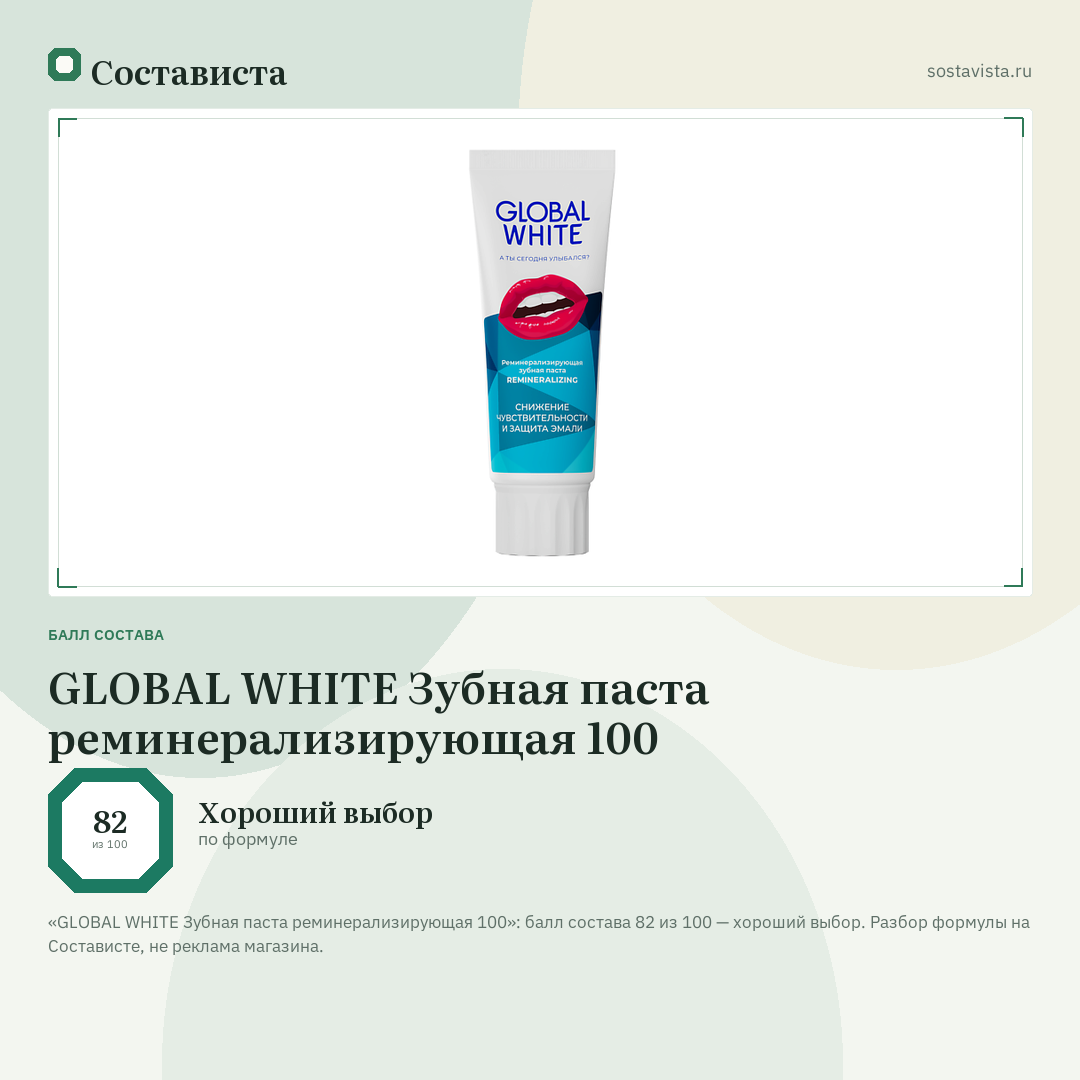 GLOBAL WHITE Зубная паста реминерализирующая 100: балл состава 82 из 100 — Состависта