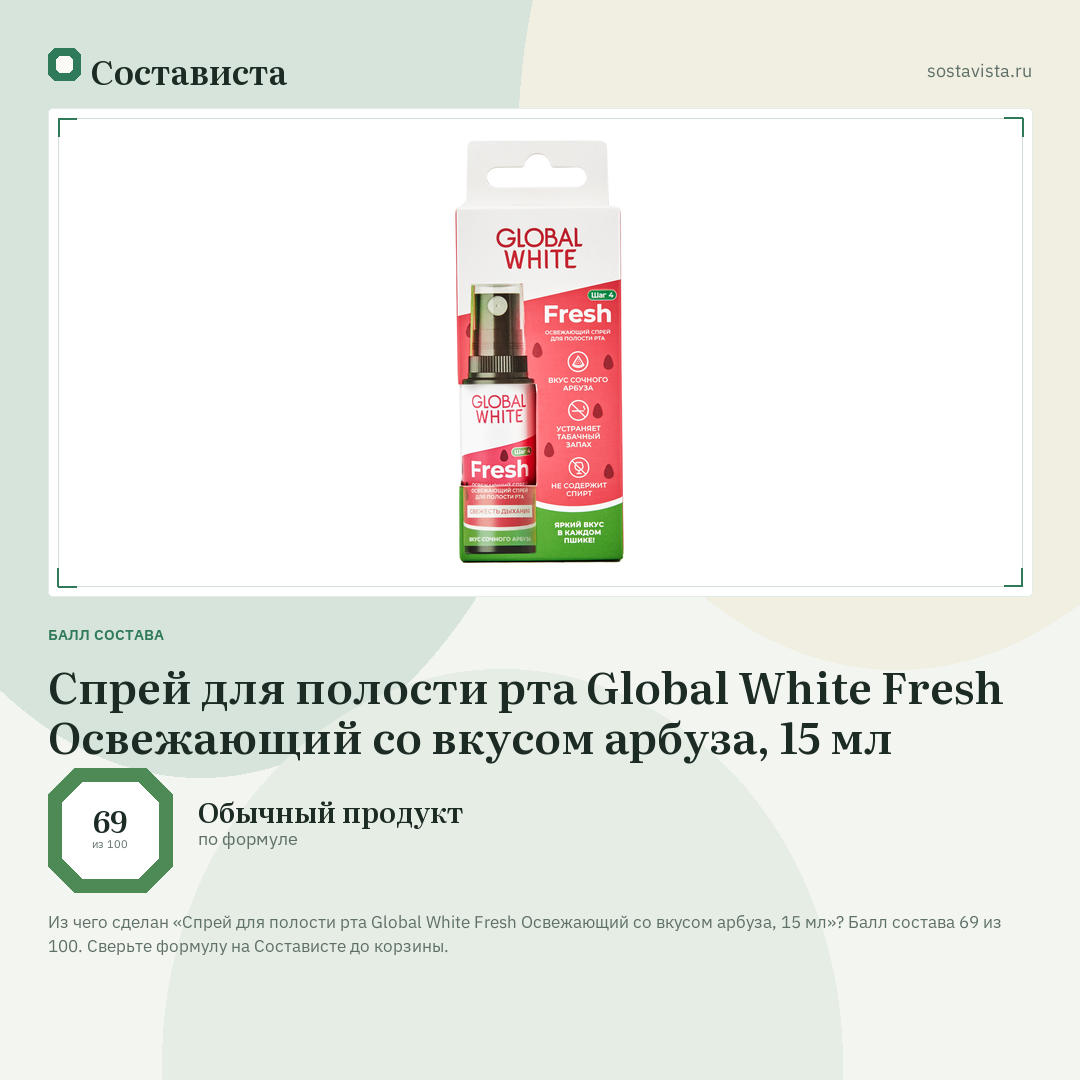 Спрей для полости рта Global White Fresh Освежающий со вкусом арбуза, 15 мл: балл состава 69 из 100 — Состависта