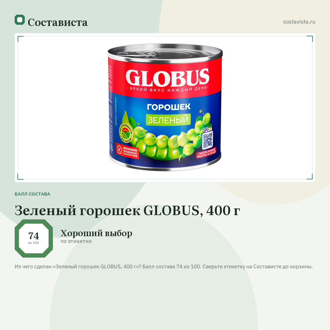 Зеленый горошек GLOBUS, 400 г: балл состава 74 из 100 — Состависта
