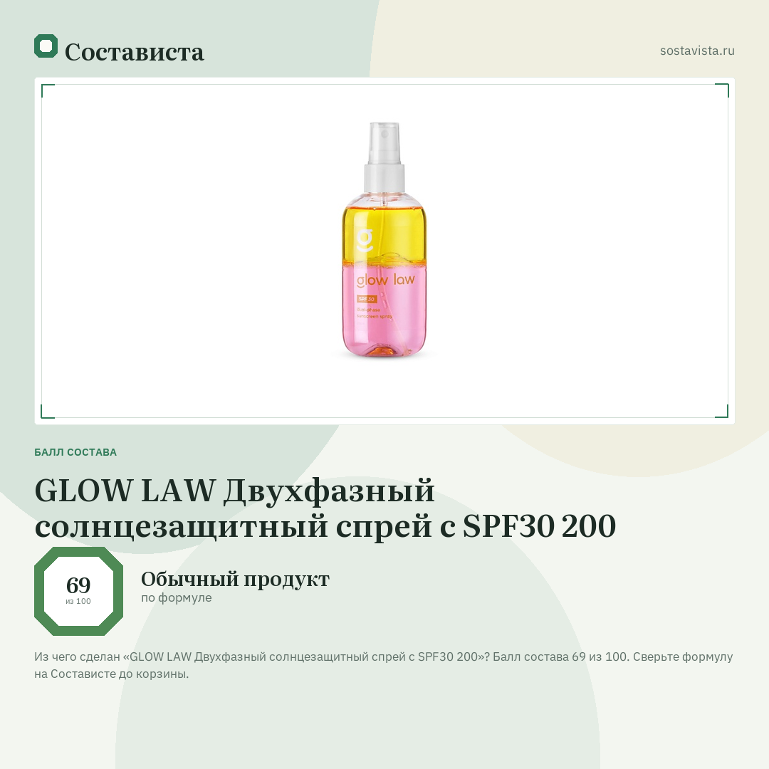 GLOW LAW Двухфазный солнцезащитный спрей с SPF30 200: балл состава 69 из 100 — Состависта
