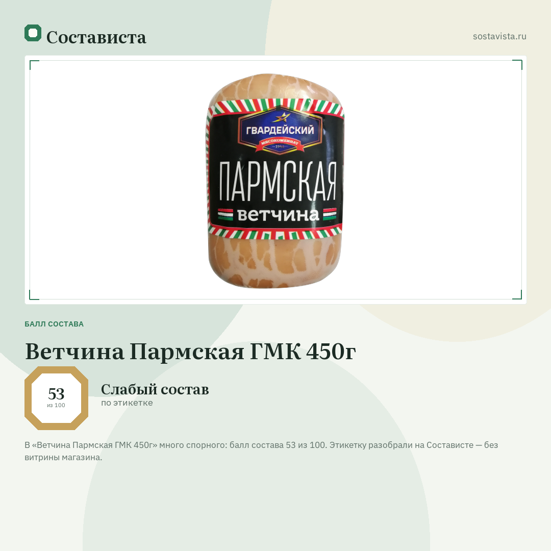 Ветчина Пармская ГМК 450г: балл состава 53 из 100 — Состависта