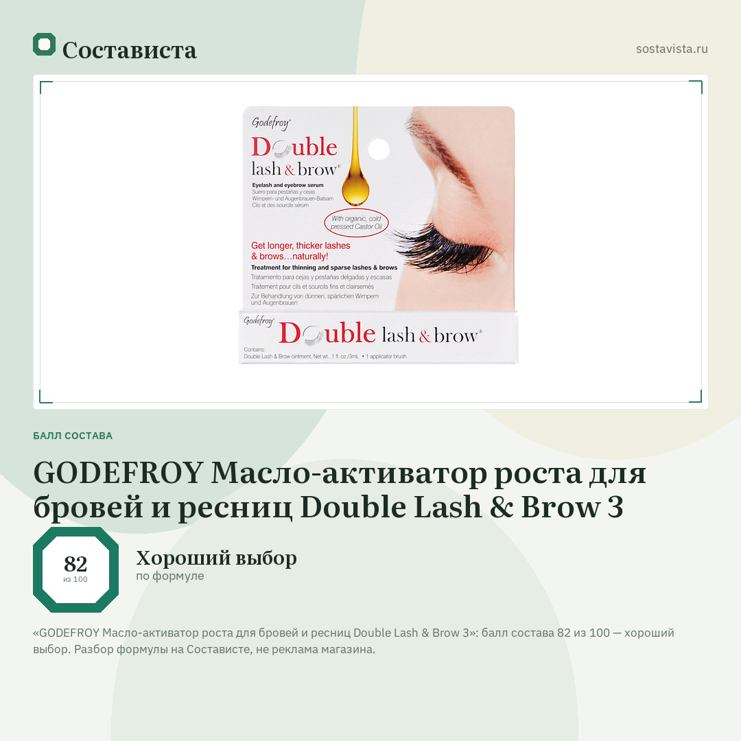 GODEFROY Масло-активатор роста для бровей и ресниц Double Lash & Brow 3: балл состава 82 из 100 — Состависта