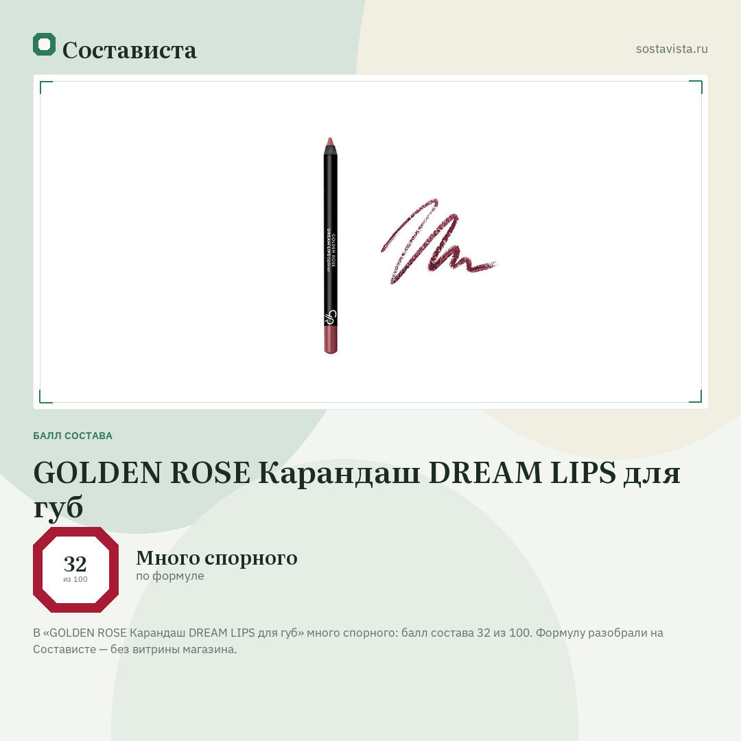 GOLDEN ROSE Карандаш DREAM LIPS для губ: балл состава 32 из 100 — Состависта