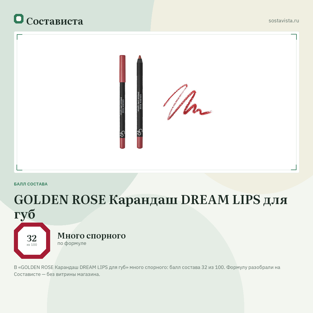 GOLDEN ROSE Карандаш DREAM LIPS для губ: балл состава 32 из 100 — Состависта
