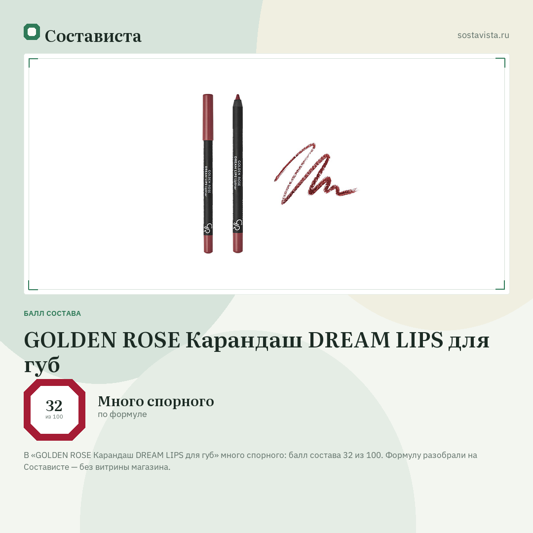GOLDEN ROSE Карандаш DREAM LIPS для губ: балл состава 32 из 100 — Состависта