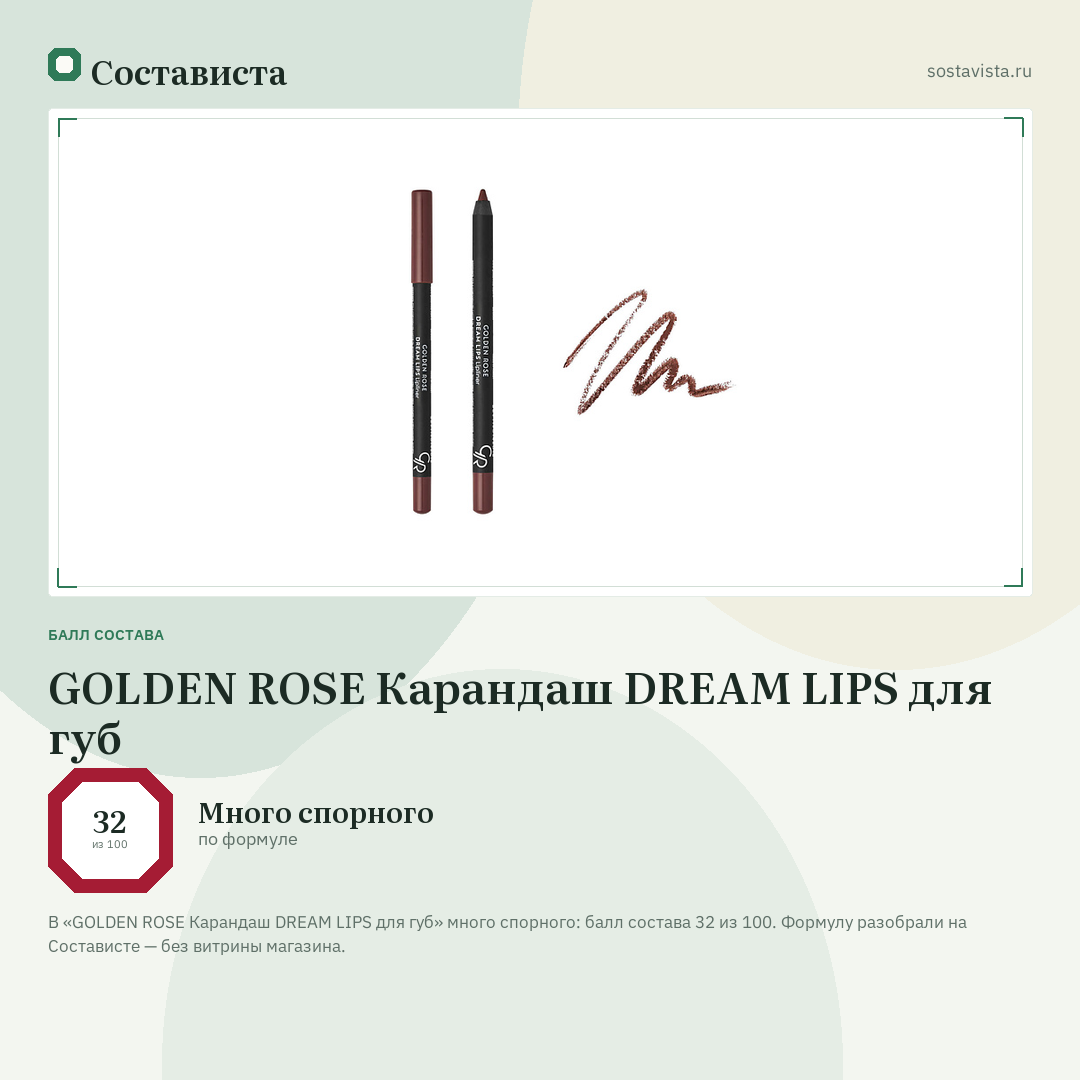 GOLDEN ROSE Карандаш DREAM LIPS для губ: балл состава 32 из 100 — Состависта