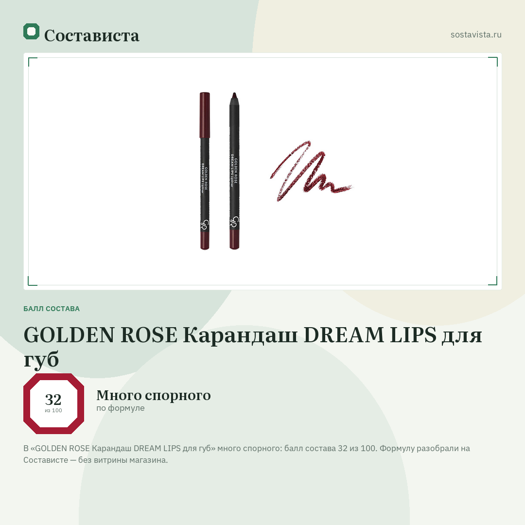 GOLDEN ROSE Карандаш DREAM LIPS для губ: балл состава 32 из 100 — Состависта