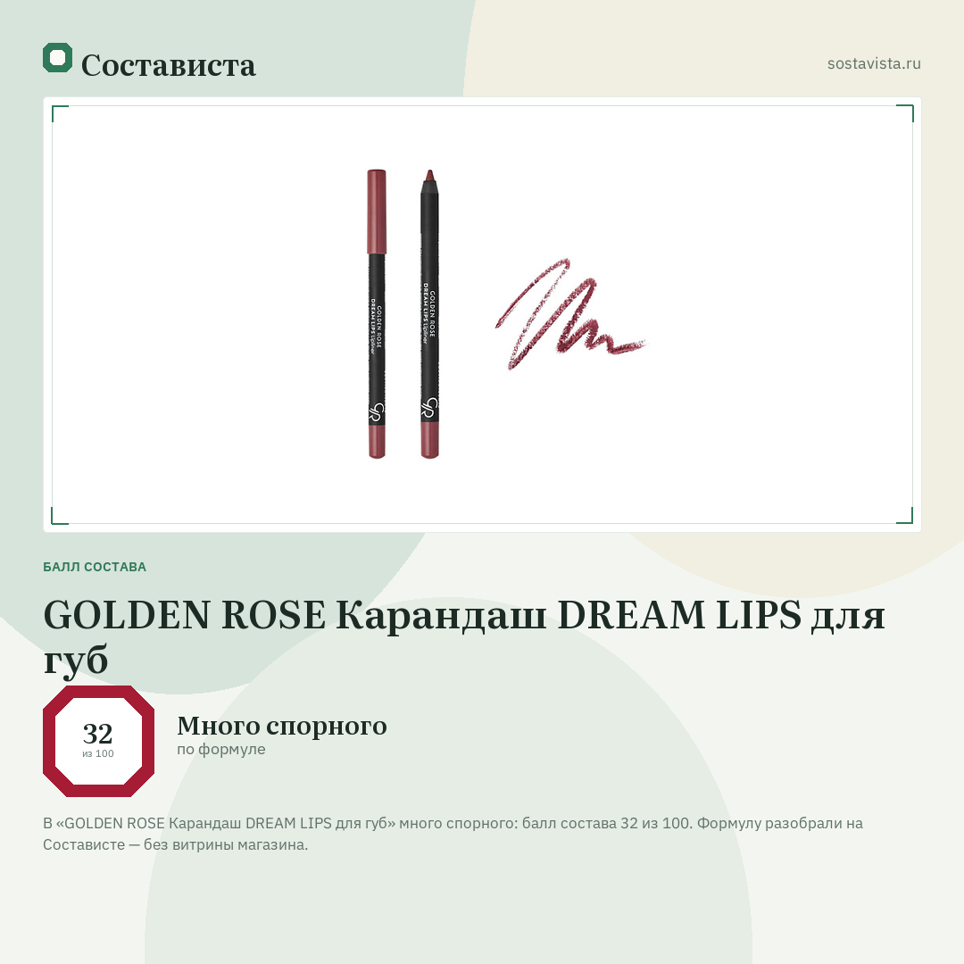 GOLDEN ROSE Карандаш DREAM LIPS для губ: балл состава 32 из 100 — Состависта