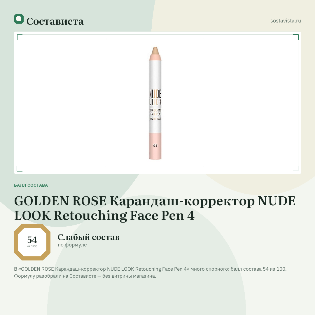 GOLDEN ROSE Карандаш-корректор NUDE LOOK Retouching Face Pen 4: балл состава 54 из 100 — Состависта