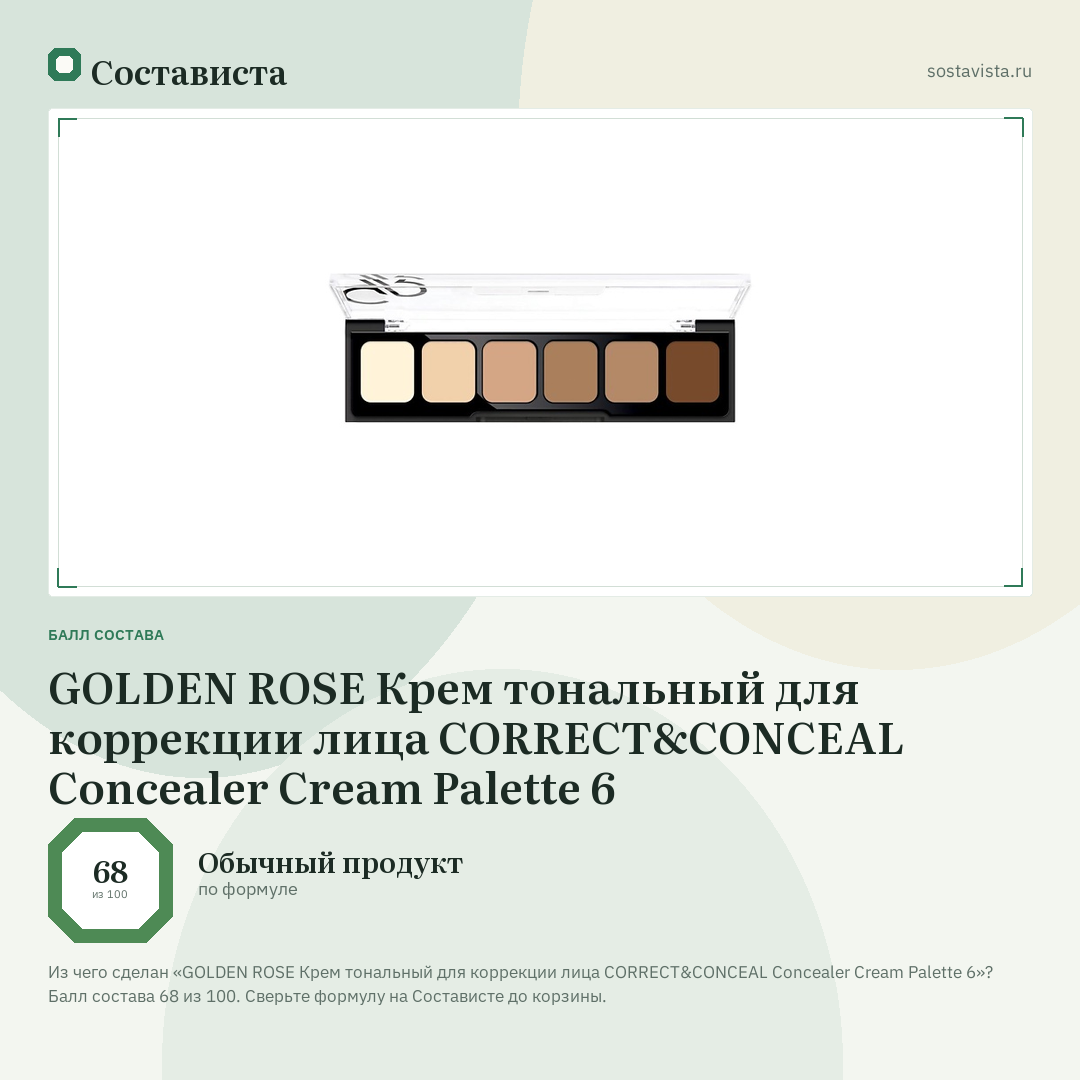 GOLDEN ROSE Крем тональный для коррекции лица CORRECT&CONCEAL Concealer Cream Palette 6: балл состава 68 из 100 — Состависта