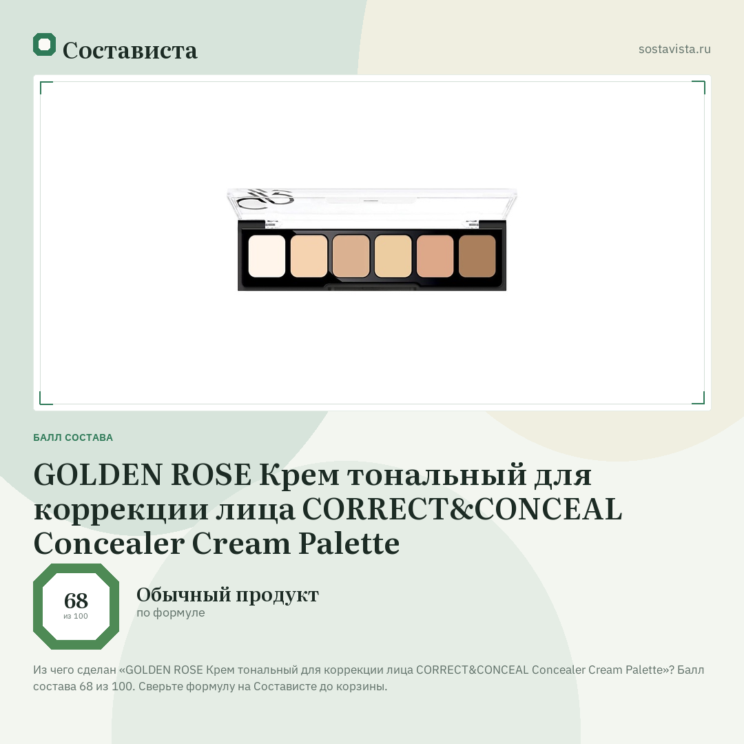 GOLDEN ROSE Крем тональный для коррекции лица CORRECT&CONCEAL Concealer Cream Palette: балл состава 68 из 100 — Состависта