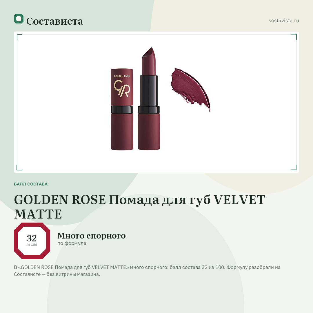 GOLDEN ROSE Помада для губ VELVET MATTE: балл состава 32 из 100 — Состависта