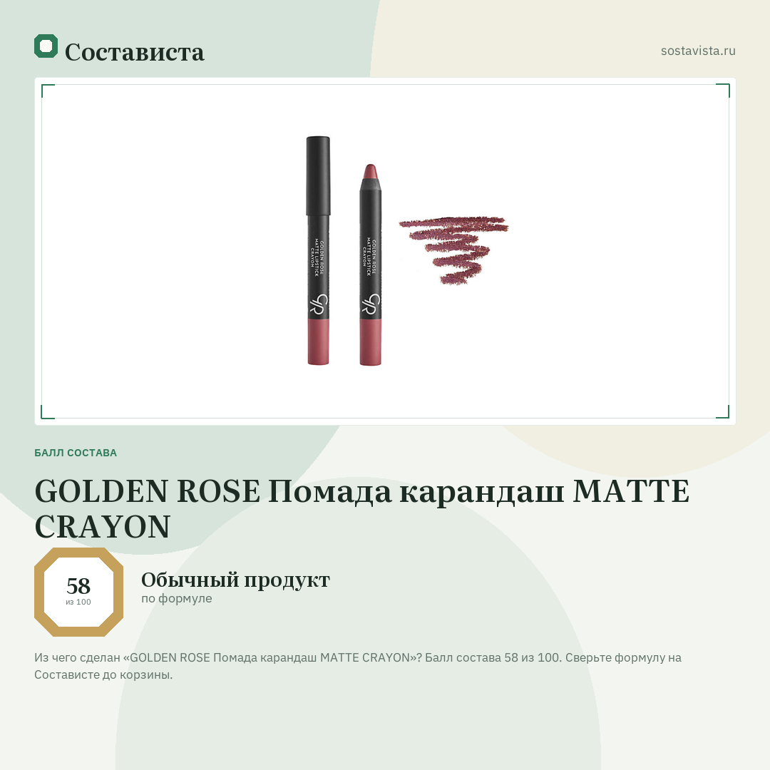 GOLDEN ROSE Помада карандаш MATTE CRAYON: балл состава 58 из 100 — Состависта