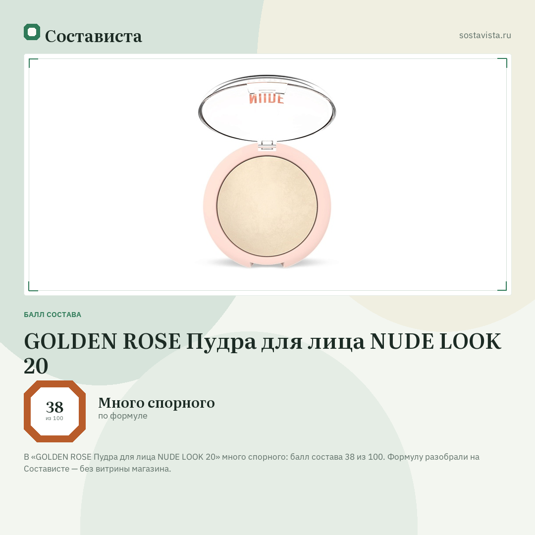 GOLDEN ROSE Пудра для лица NUDE LOOK 20: балл состава 38 из 100 — Состависта
