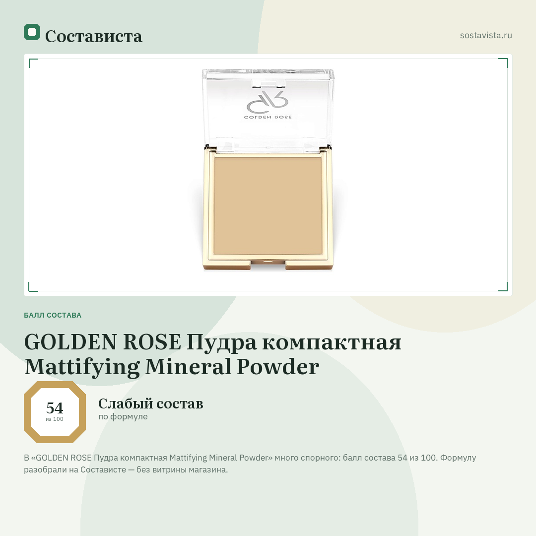 GOLDEN ROSE Пудра компактная Mattifying Mineral Powder: балл состава 54 из 100 — Состависта