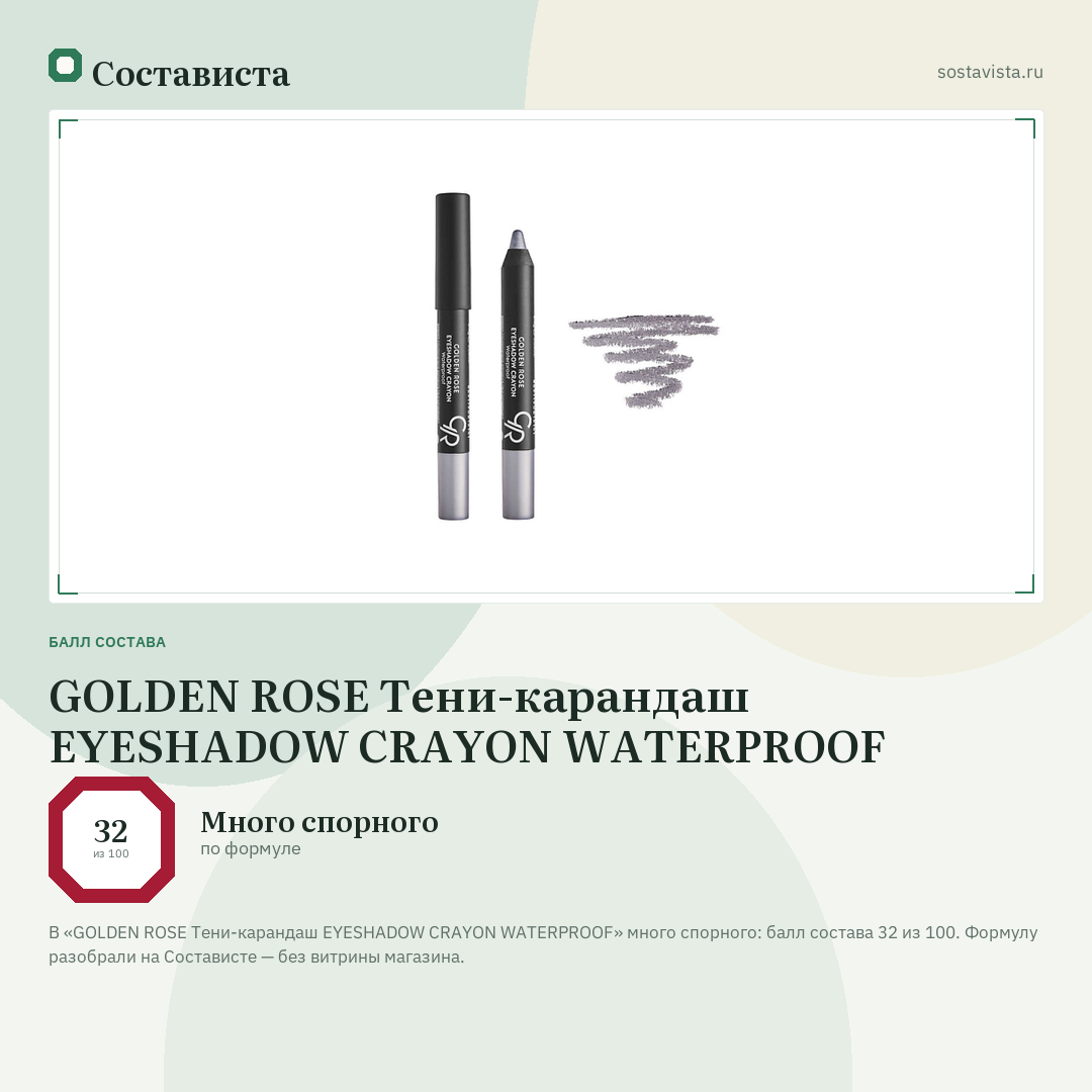 GOLDEN ROSE Тени-карандаш EYESHADOW CRAYON WATERPROOF: балл состава 32 из 100 — Состависта