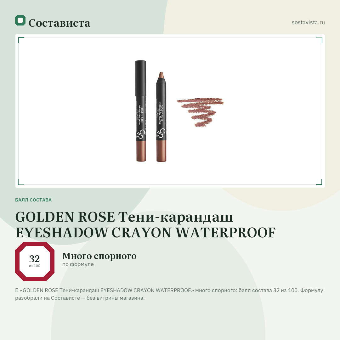 GOLDEN ROSE Тени-карандаш EYESHADOW CRAYON WATERPROOF: балл состава 32 из 100 — Состависта