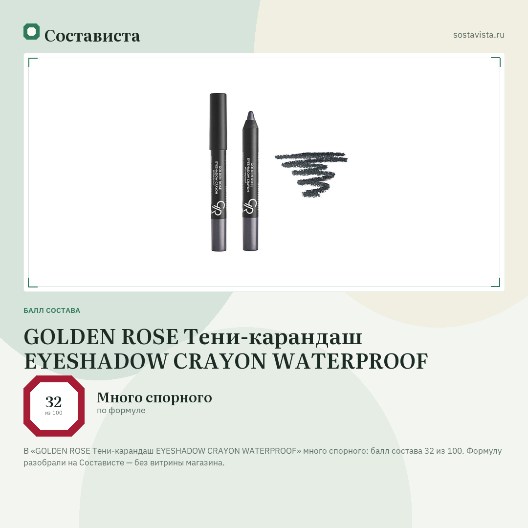GOLDEN ROSE Тени-карандаш EYESHADOW CRAYON WATERPROOF: балл состава 32 из 100 — Состависта