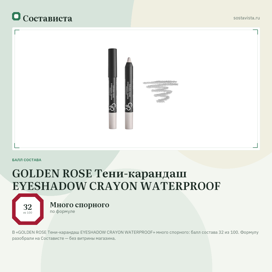 GOLDEN ROSE Тени-карандаш EYESHADOW CRAYON WATERPROOF: балл состава 32 из 100 — Состависта